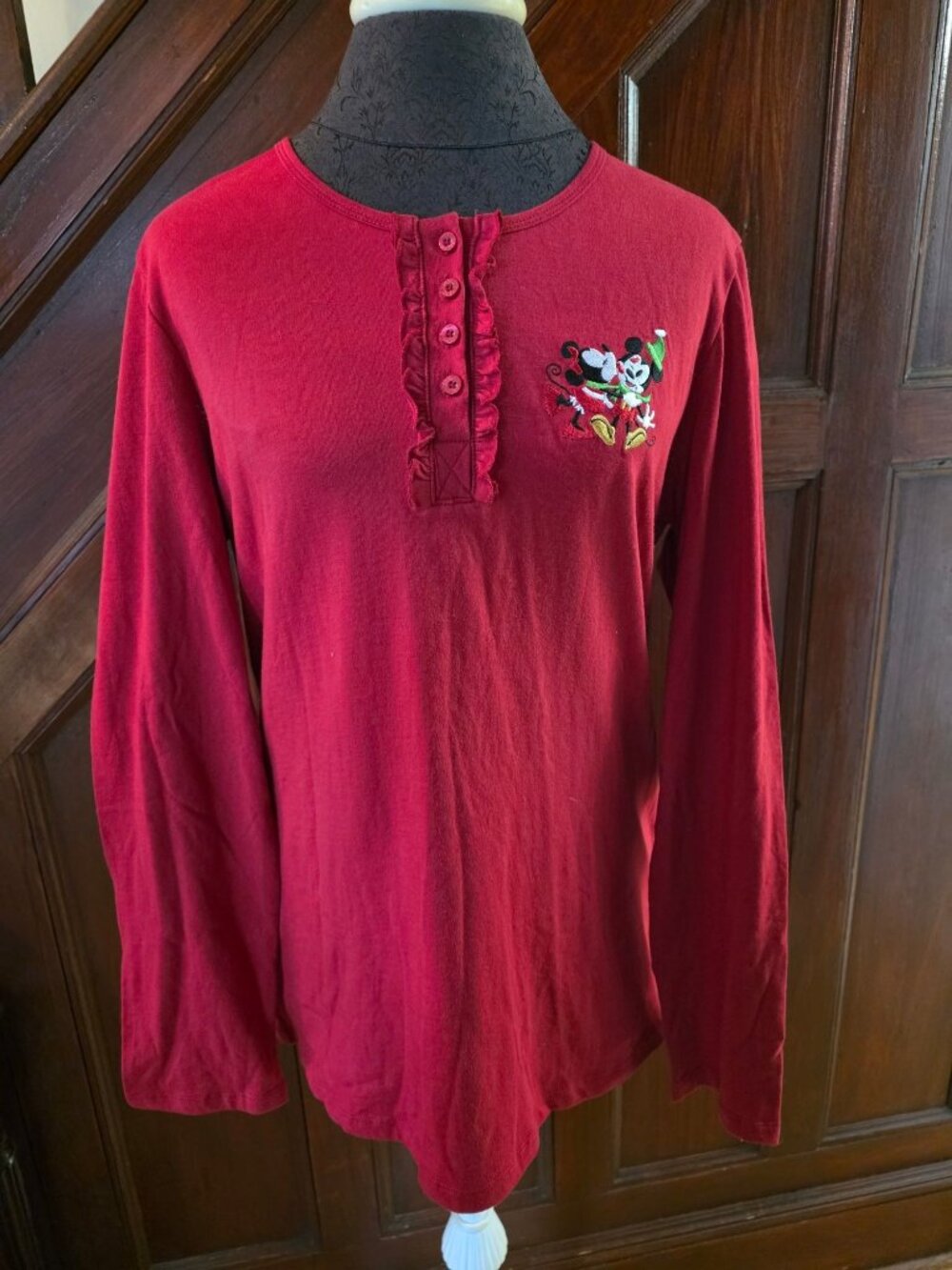Disney Store Womens Red Henley Top Minnie & Mickey Embroidery Size L NWT
